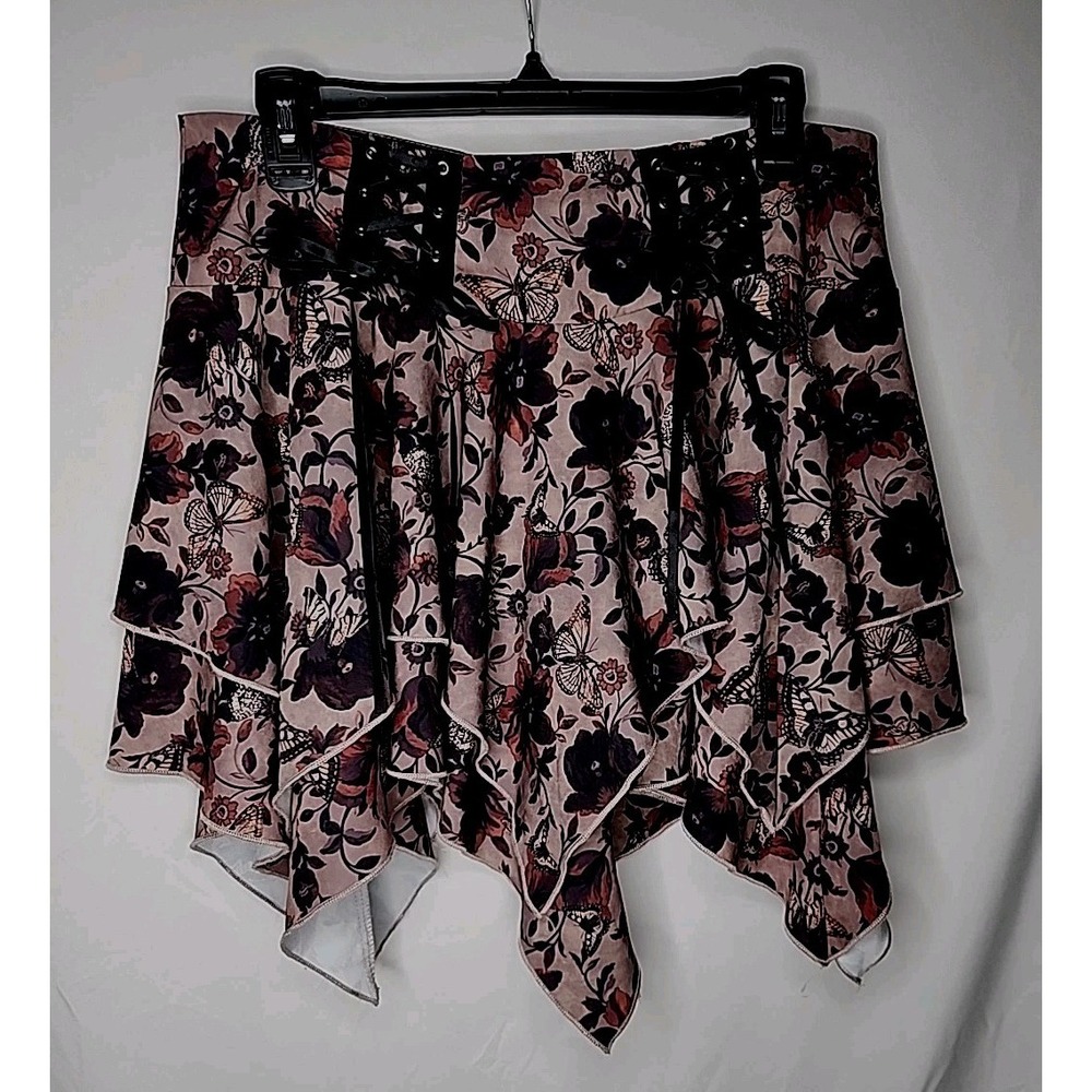 ROMWE Sz Large (8-10) Skirt Floral Butterfly Lace Up Brown Asymmetrical Flutters